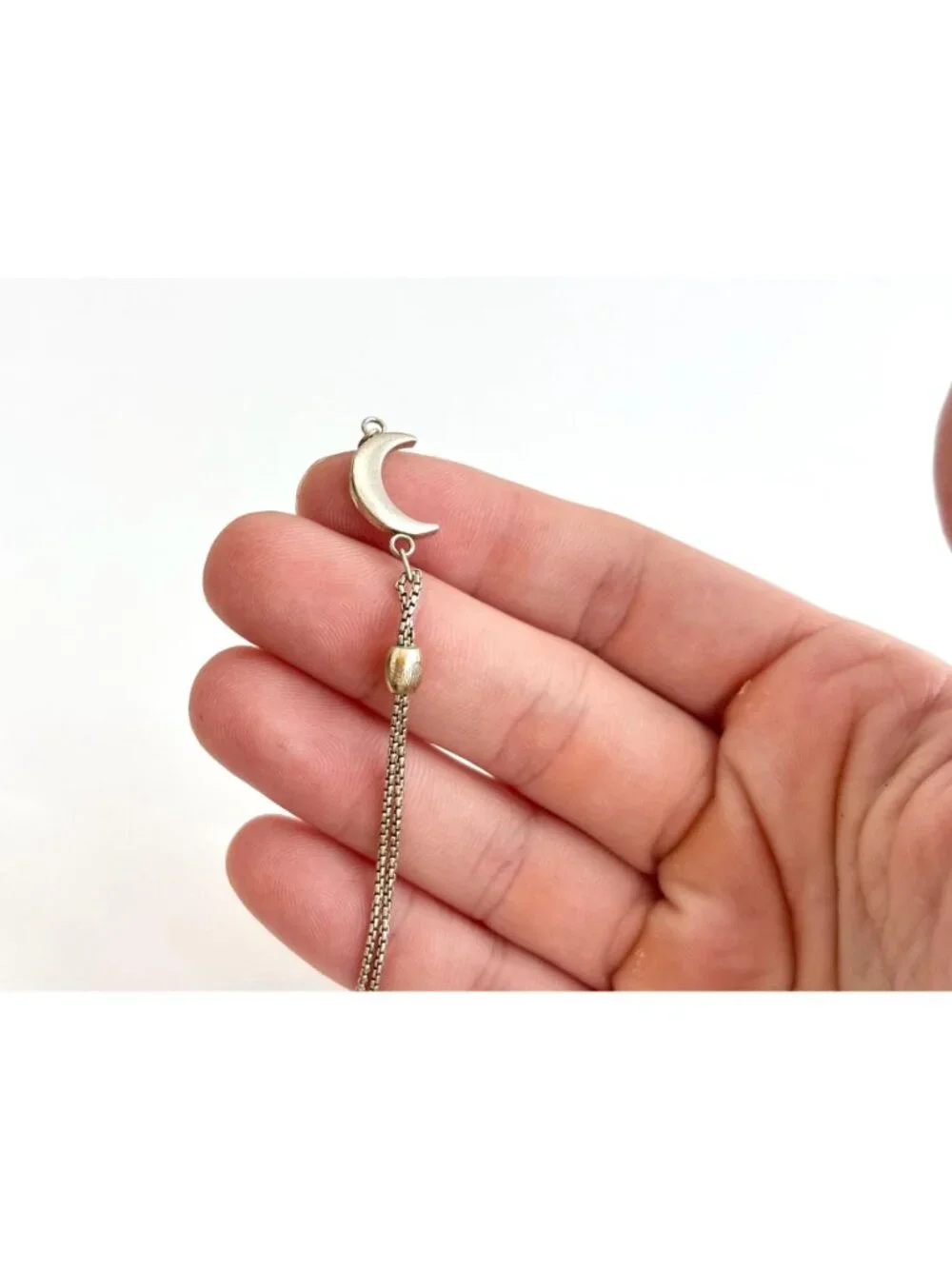 Adjustable Crescent Moon Pendant Minimalist Vintage Sterling Silver 925 Bracelet